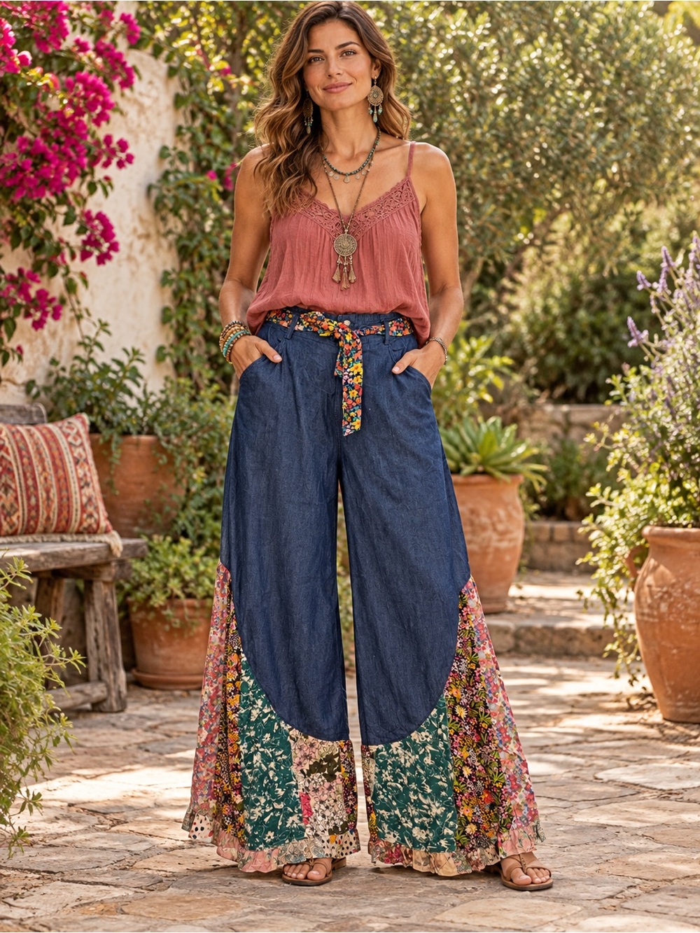 H041 NWT Young Threads L w15-19 Patchwork Floral Belt - Pants Light Denim